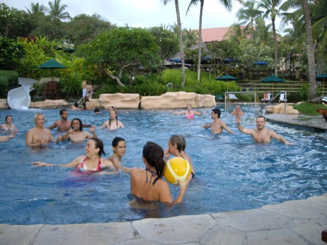 Here's a game of volleyball in the lower pool.