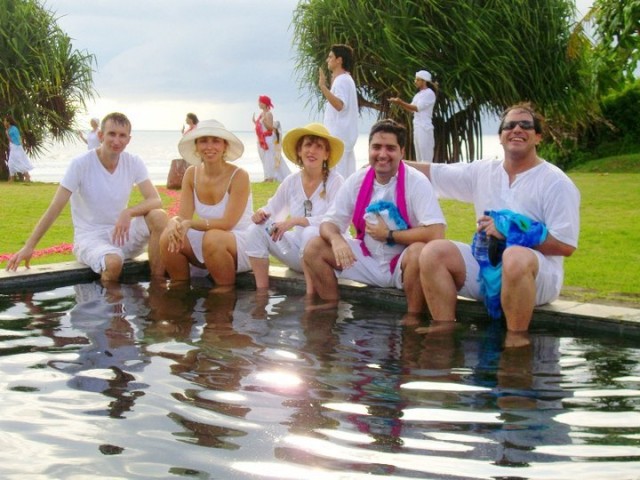 Cooling off in the pool during a break.